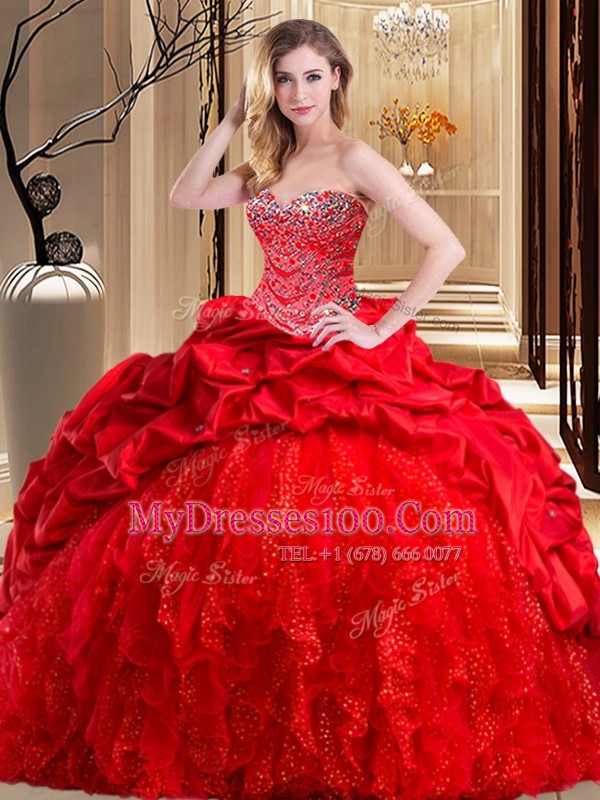 Decent Red Sweetheart Lace Up Beading and Ruffles Quinceanera Dresses Brush Train Sleeveless