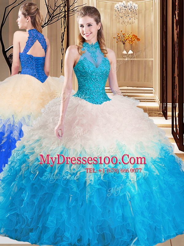 Noble High-neck Sleeveless Backless Quinceanera Gowns Multi-color Tulle