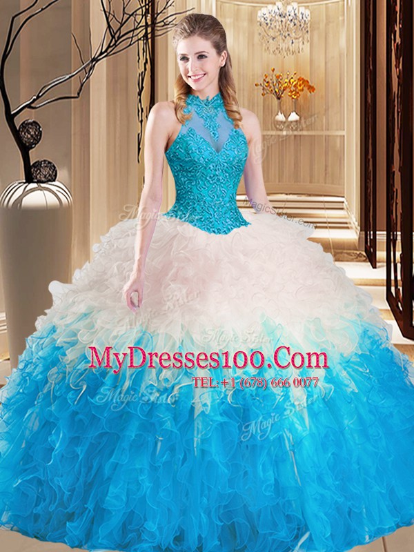 Noble High-neck Sleeveless Backless Quinceanera Gowns Multi-color Tulle