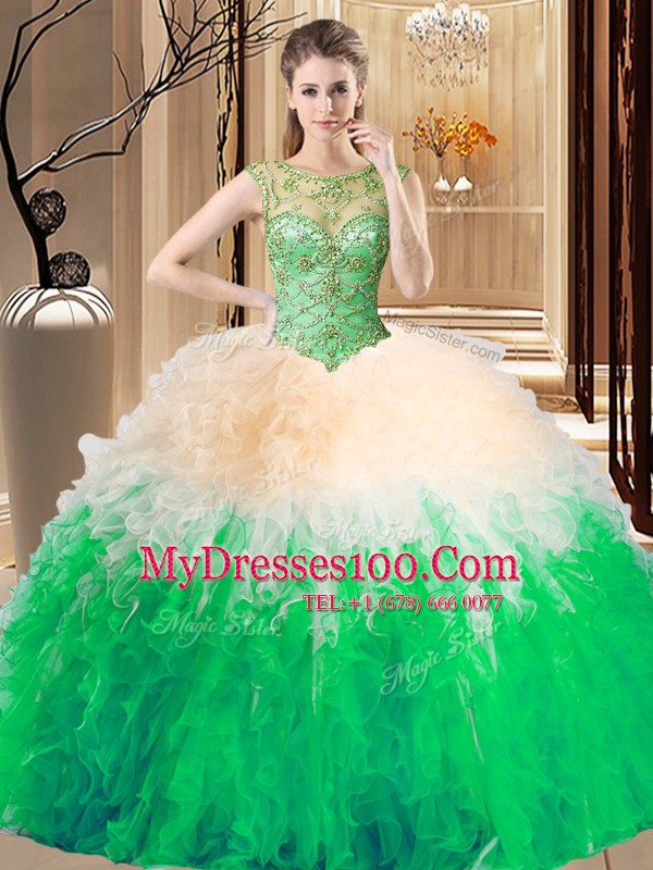 Fine Tulle High-neck Sleeveless Backless Beading and Ruffles Quinceanera Gowns in Multi-color