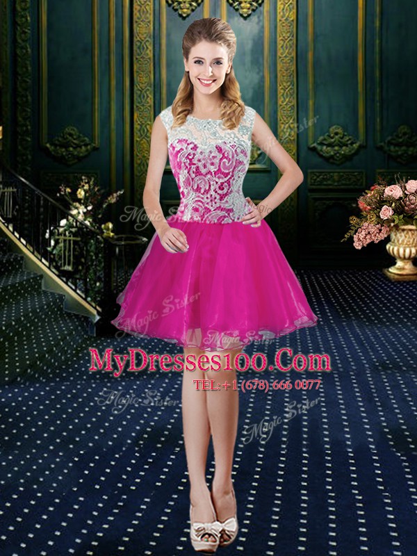 Graceful Four Piece Fuchsia Quinceanera Dresses Military Ball and Sweet 16 and Quinceanera and For with Lace High-neck Sleeveless Zipper