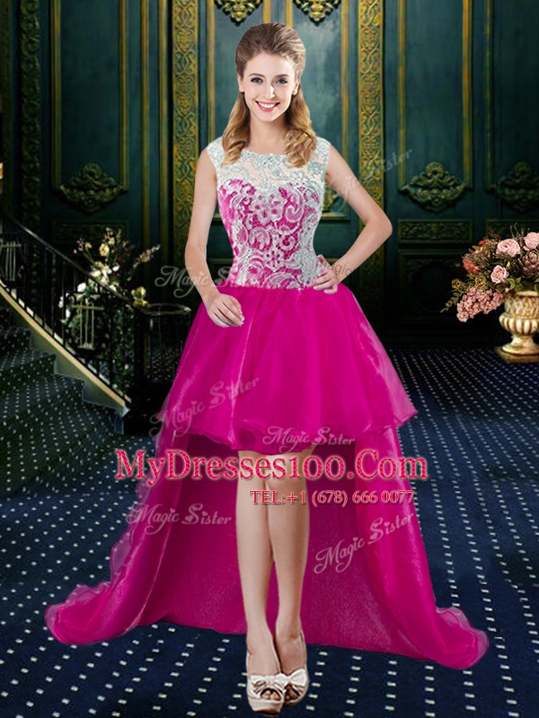 Graceful Four Piece Fuchsia Quinceanera Dresses Military Ball and Sweet 16 and Quinceanera and For with Lace High-neck Sleeveless Zipper