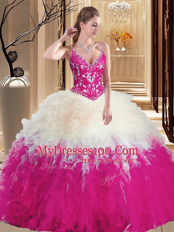 Unique Straps Multi-color Ball Gowns Lace and Appliques Sweet 16 Quinceanera Dress Lace Up Tulle Sleeveless Floor Length