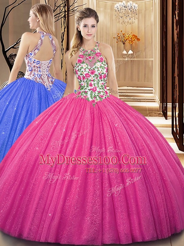 Admirable Scoop Hot Pink Ball Gowns Embroidery and Sequins Vestidos de Quinceanera Backless Tulle Sleeveless Floor Length