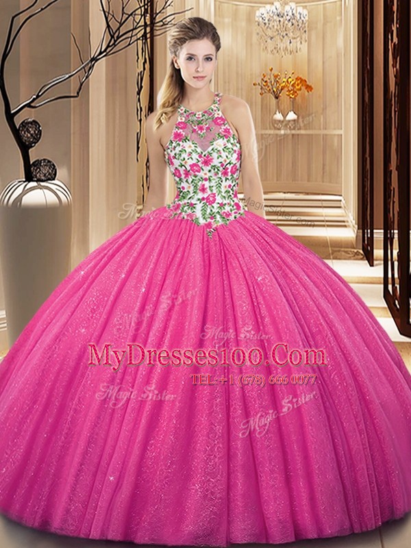 Admirable Scoop Hot Pink Ball Gowns Embroidery and Sequins Vestidos de Quinceanera Backless Tulle Sleeveless Floor Length