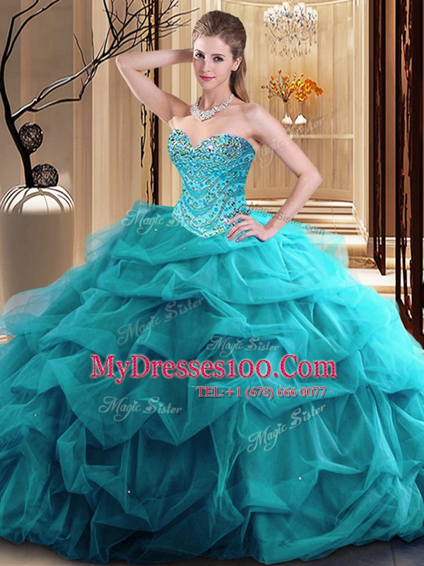 Teal Ball Gowns Beading and Ruffles Sweet 16 Quinceanera Dress Zipper Tulle Sleeveless Floor Length