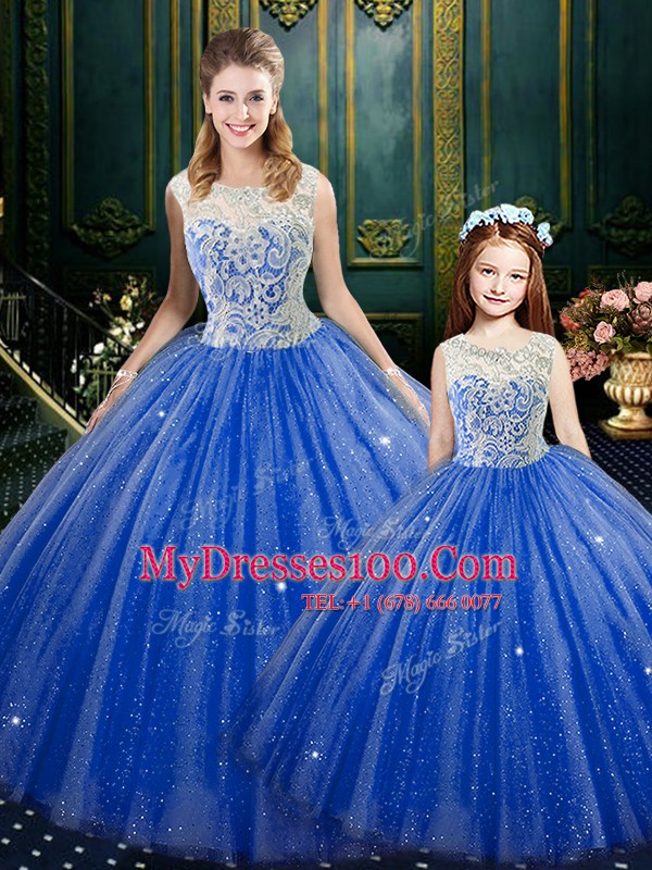 Fantastic Floor Length Royal Blue Quinceanera Dress Tulle Sleeveless Lace