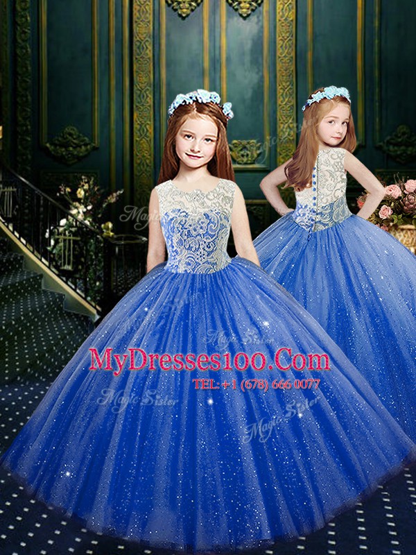 Fantastic Floor Length Royal Blue Quinceanera Dress Tulle Sleeveless Lace