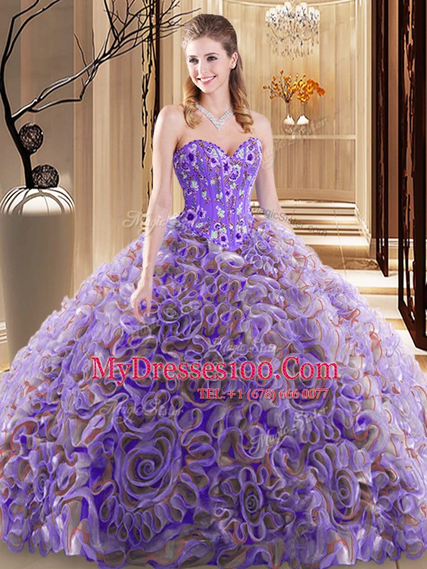 Affordable Multi-color Lace Up Sweetheart Embroidery and Ruffles Quinceanera Dress Fabric With Rolling Flowers Sleeveless Brush Train