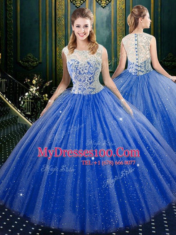 High Quality Royal Blue Ball Gowns Lace Quinceanera Dress Zipper Tulle Sleeveless Floor Length