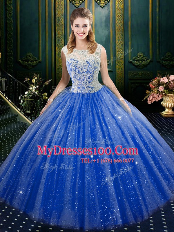 High Quality Royal Blue Ball Gowns Lace Quinceanera Dress Zipper Tulle Sleeveless Floor Length