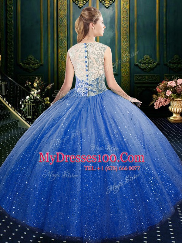 High Quality Royal Blue Ball Gowns Lace Quinceanera Dress Zipper Tulle Sleeveless Floor Length
