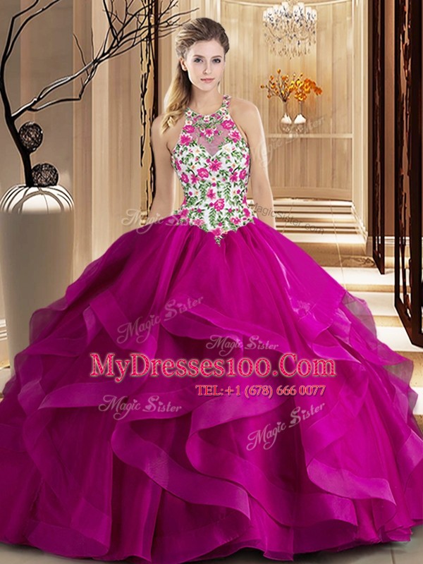 Affordable Fuchsia Quinceanera Gowns Military Ball and Sweet 16 and Quinceanera and For with Embroidery and Ruffles Scoop Sleeveless Brush Train Zipper