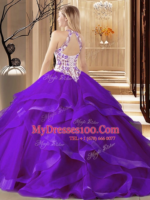 Affordable Fuchsia Quinceanera Gowns Military Ball and Sweet 16 and Quinceanera and For with Embroidery and Ruffles Scoop Sleeveless Brush Train Zipper