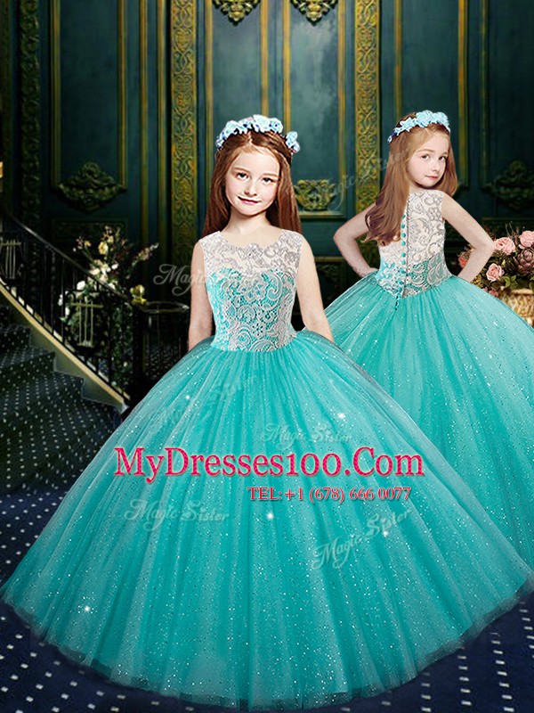 High-neck Sleeveless Ball Gown Prom Dress Floor Length Lace Turquoise Tulle