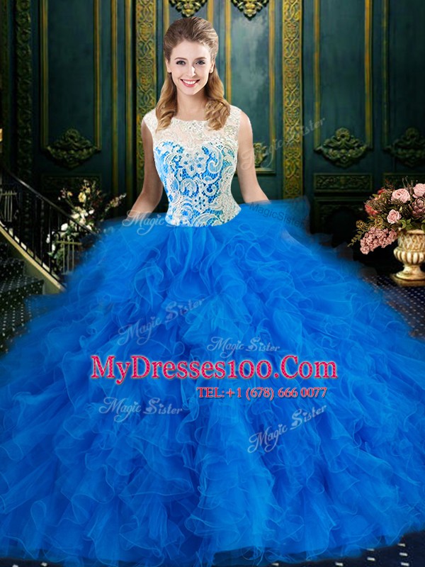 Exceptional Blue Ball Gowns Tulle Scoop Sleeveless Lace and Ruffles Floor Length Zipper Sweet 16 Dresses