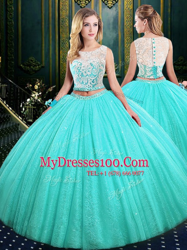 Scoop Tulle and Sequined Sleeveless Floor Length Quinceanera Gown and Lace and Sequins