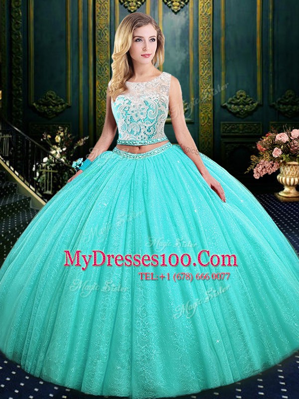 Scoop Tulle and Sequined Sleeveless Floor Length Quinceanera Gown and Lace and Sequins