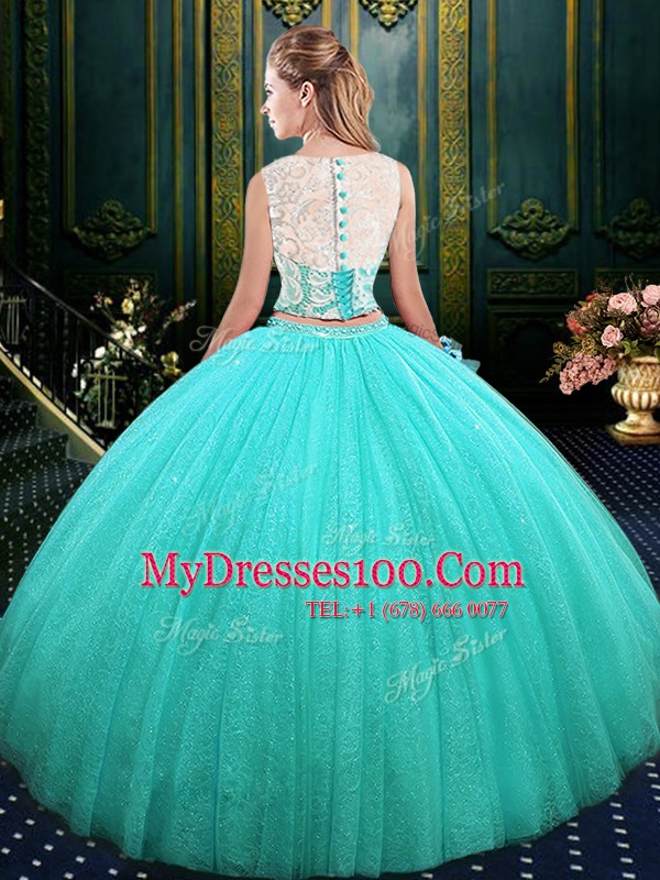 Scoop Tulle and Sequined Sleeveless Floor Length Quinceanera Gown and Lace and Sequins