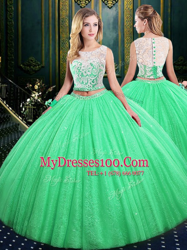 Scoop Sleeveless Tulle and Sequined Floor Length Lace Up Quinceanera Gown in with Lace and Sequins