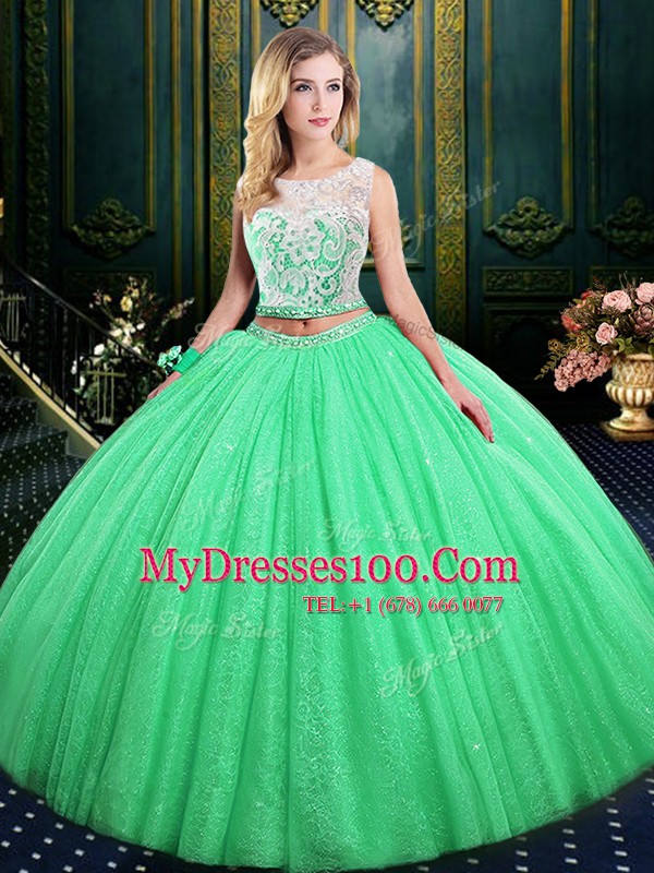 Scoop Sleeveless Tulle and Sequined Floor Length Lace Up Quinceanera Gown in with Lace and Sequins