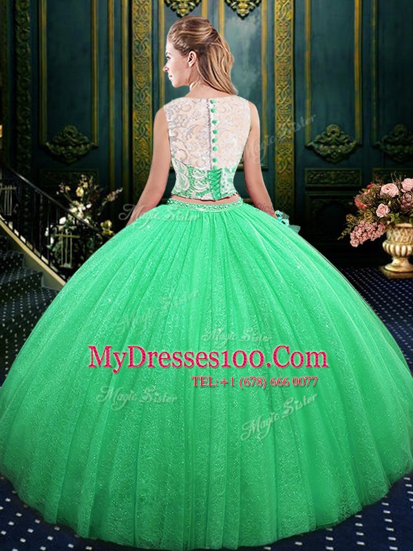Scoop Sleeveless Tulle and Sequined Floor Length Lace Up Quinceanera Gown in with Lace and Sequins
