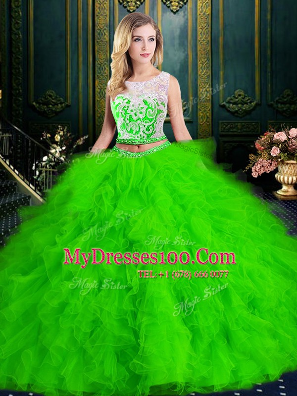 Discount Tulle Zipper Scoop Sleeveless Floor Length Vestidos de Quinceanera Lace and Ruffles