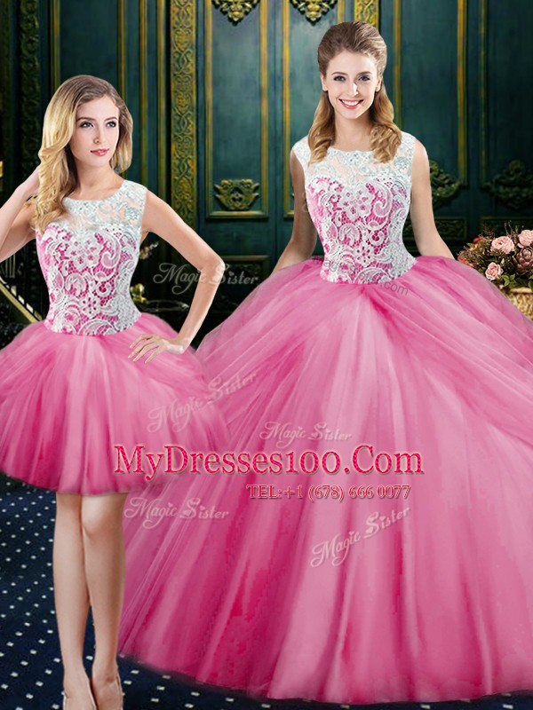 Three Piece Pink Quinceanera Gowns Military Ball and Sweet 16 and Quinceanera and For with Lace and Pick Ups Scoop Sleeveless Zipper