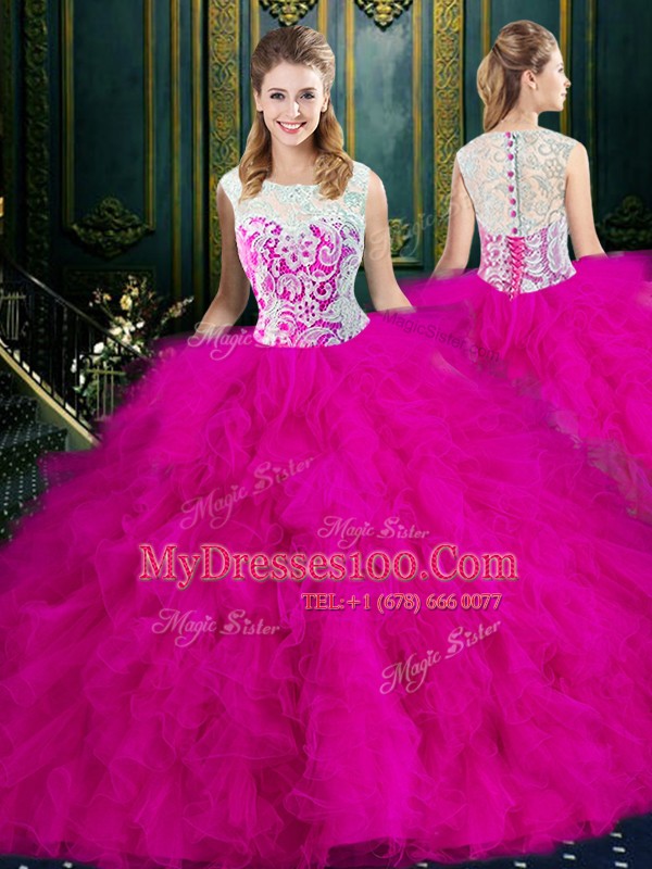 Colorful Scoop Tulle Sleeveless Floor Length Ball Gown Prom Dress and Lace and Ruffles