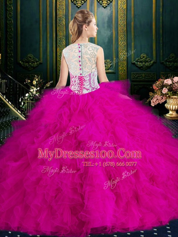 Colorful Scoop Tulle Sleeveless Floor Length Ball Gown Prom Dress and Lace and Ruffles