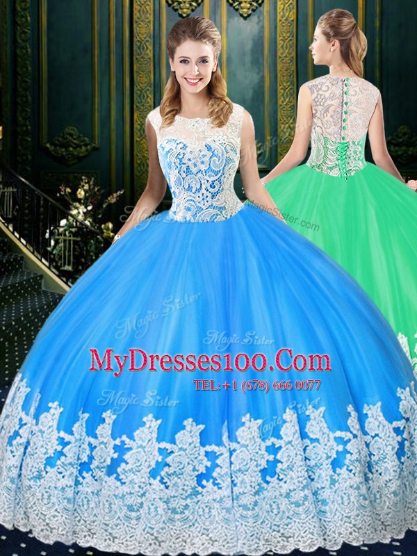 Free and Easy Scoop Baby Blue Sleeveless Floor Length Lace and Appliques Zipper Sweet 16 Quinceanera Dress