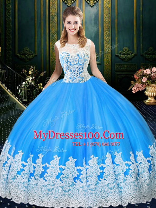 Free and Easy Scoop Baby Blue Sleeveless Floor Length Lace and Appliques Zipper Sweet 16 Quinceanera Dress