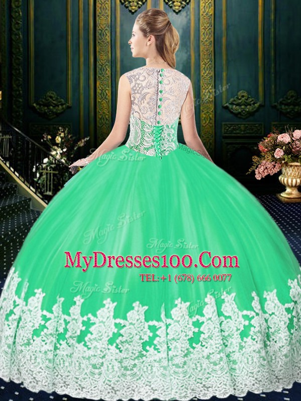 Free and Easy Scoop Baby Blue Sleeveless Floor Length Lace and Appliques Zipper Sweet 16 Quinceanera Dress