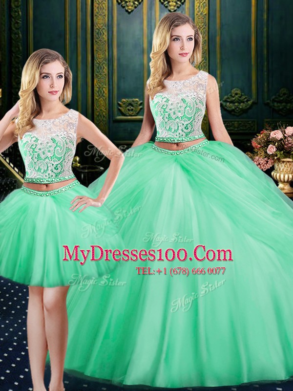 Three Piece Apple Green Satin and Tulle Lace Up Scoop Sleeveless Floor Length Vestidos de Quinceanera Lace and Pick Ups