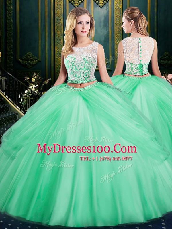 Three Piece Apple Green Satin and Tulle Lace Up Scoop Sleeveless Floor Length Vestidos de Quinceanera Lace and Pick Ups