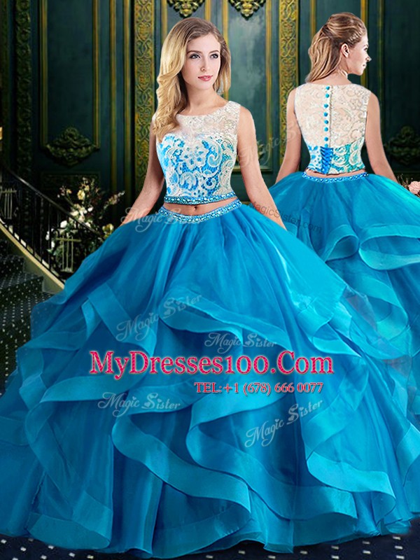 Scoop With Train Baby Blue 15th Birthday Dress Tulle Brush Train Sleeveless Lace and Ruffles
