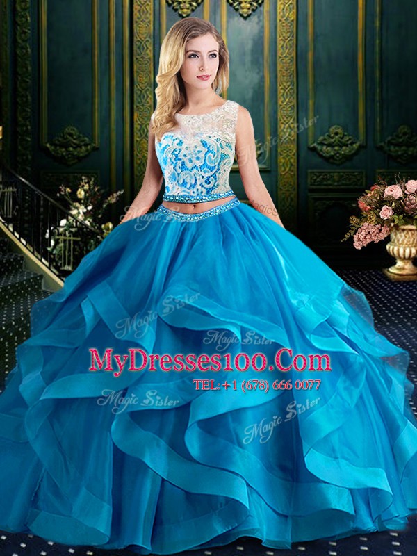 Scoop With Train Baby Blue 15th Birthday Dress Tulle Brush Train Sleeveless Lace and Ruffles