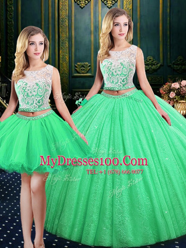 Sumptuous Three Piece Ball Gowns Tulle and Sequined Scoop Sleeveless Lace and Sequins Floor Length Lace Up Quinceanera Dresses
