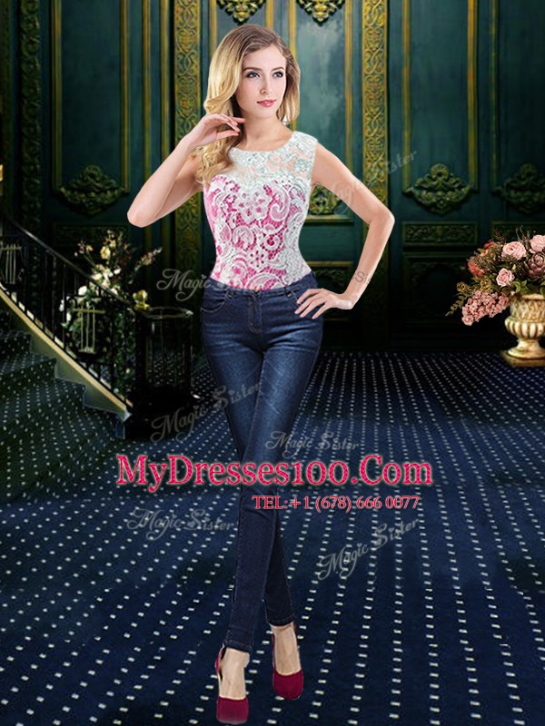 Four Piece Rose Pink Quinceanera Gown Military Ball and Sweet 16 and Quinceanera and For with Lace and Appliques and Pick Ups Scoop Sleeveless Zipper