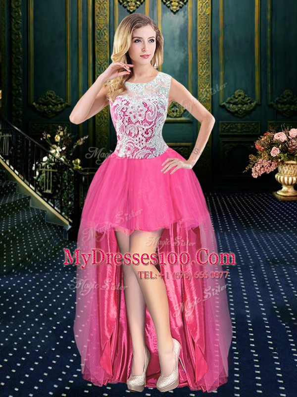Four Piece Rose Pink Quinceanera Gown Military Ball and Sweet 16 and Quinceanera and For with Lace and Appliques and Pick Ups Scoop Sleeveless Zipper