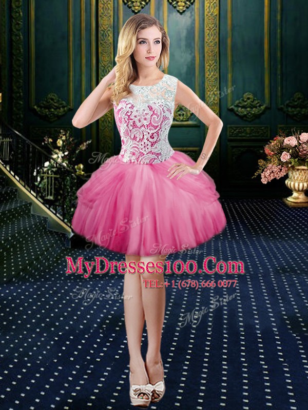 Four Piece Rose Pink Quinceanera Gown Military Ball and Sweet 16 and Quinceanera and For with Lace and Appliques and Pick Ups Scoop Sleeveless Zipper