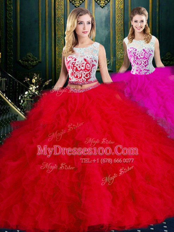 Red Ball Gowns Scoop Sleeveless Tulle Floor Length Zipper Lace and Ruffles 15th Birthday Dress