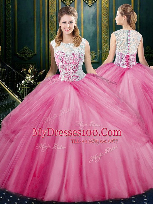 Scoop Pick Ups Rose Pink Sleeveless Tulle Zipper Quinceanera Dress for Military Ball and Sweet 16 and Quinceanera