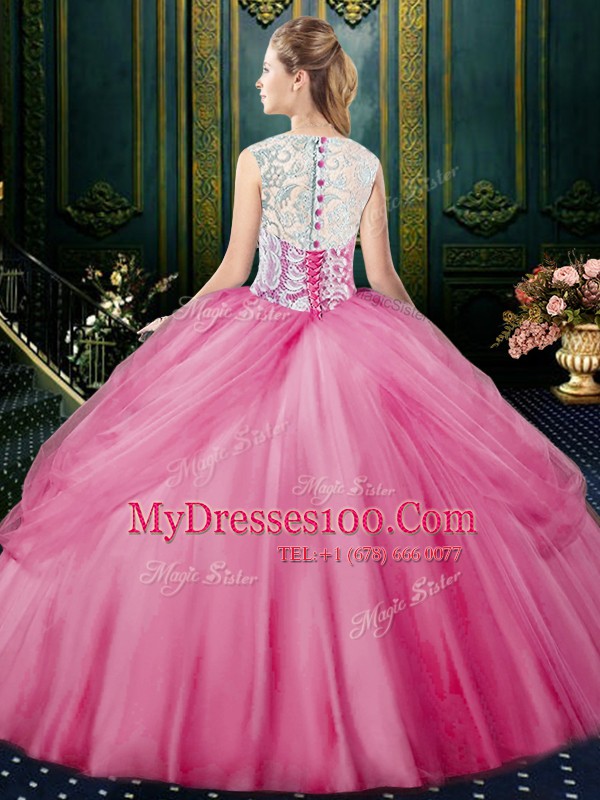 Scoop Pick Ups Rose Pink Sleeveless Tulle Zipper Quinceanera Dress for Military Ball and Sweet 16 and Quinceanera