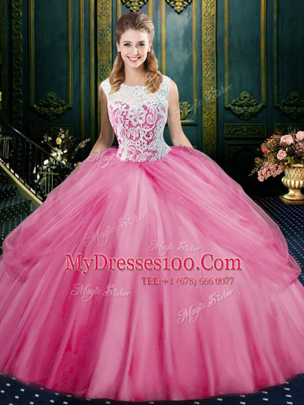 Scoop Pick Ups Rose Pink Sleeveless Tulle Zipper Quinceanera Dress for Military Ball and Sweet 16 and Quinceanera