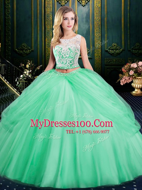 Eye-catching Scoop Lace and Pick Ups 15 Quinceanera Dress Apple Green Zipper Sleeveless Floor Length