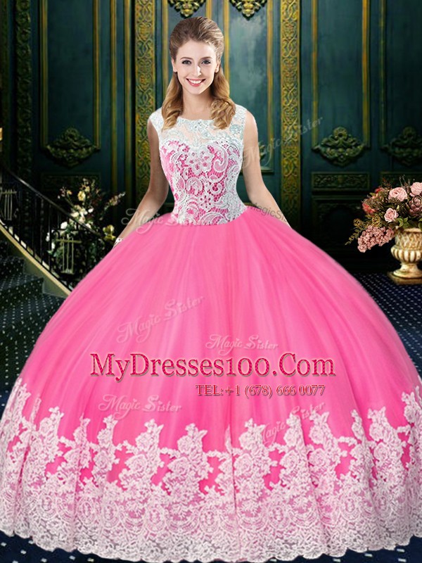 Sexy Rose Pink Ball Gowns Scoop Sleeveless Tulle Floor Length Zipper Lace and Appliques Quinceanera Dress