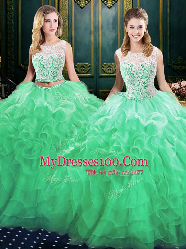 Green Scoop Lace Up Lace and Ruffles Quinceanera Dresses Court Train Sleeveless