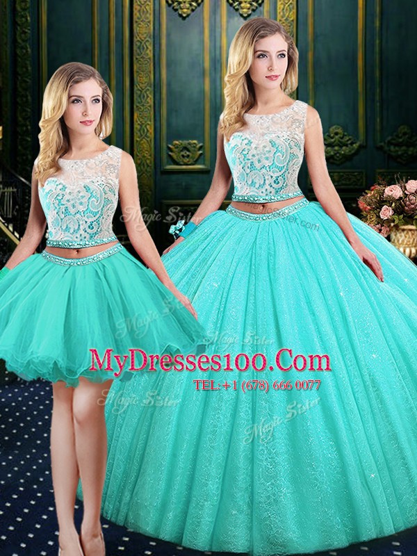 Comfortable Three Piece Scoop Lace and Sequins Quince Ball Gowns Blue Lace Up Sleeveless Floor Length