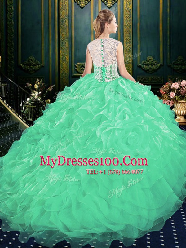 Organza and Tulle Scoop Sleeveless Brush Train Zipper Appliques and Ruffles Quinceanera Dress in Green